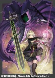 Rule 34 | 1boy, 1girl, arm up, armor, asymmetrical legwear, black thighhighs, blonde hair, cape, card, chain, coffin, covered navel, dual wielding, emblem, english text, gauntlets, glowing, greaves, green eyes, grey thighhighs, holding, holding sword, holding weapon, hood, hood up, long hair, mismatched legwear, nakamura eight, necktie, official art, parted lips, purple cape, red neckwear, runes, shaded face, skirt, sword, thighhighs, torn cape, torn clothes, vambraces, weapon, z/x
