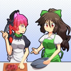 Rule 34 | 2girls, animal ears, apron, bow, braid, cat ears, cato (monocatienus), censored, cooking, hair bow, kaenbyou rin, long hair, looking at another, mosaic censoring, multiple girls, multiple tails, profile, red eyes, red hair, reiuji utsuho, smile, tail, touhou, twin braids, whisk