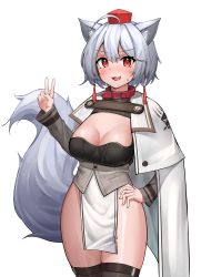 Rule 34 | 1girl, absurdres, ahoge, alternate costume, animal ear fluff, animal ears, arknights, black thighhighs, blush, breasts, cape, capelet, collar, cosplay, deaver, fang, grey hair, hair between eyes, hand on own hip, hand up, hat, highres, inubashiri momiji, large breasts, long sleeves, looking at viewer, open mouth, red collar, red eyes, short hair, simple background, smile, solo, standing, tail, thighhighs, thighs, tokin hat, touhou, v, whislash (arknights), whislash (arknights) (cosplay), white background, white cape, white capelet, wolf ears, wolf tail