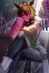 Rule 34 | 1girl, agnes tachyon (umamusume), ahoge, animal ears, ash kabon, beaker, black pantyhose, blurry, boots, breasts, brown eyes, brown hair, collared shirt, crossed legs, curtains, depth of field, erlenmeyer flask, flask, hair between eyes, hands up, highres, holding, holding test tube, horse ears, lab coat, looking at viewer, medium breasts, pantyhose, parted lips, round-bottom flask, shirt, short hair, sitting, sleeves past fingers, sleeves past wrists, solo, sweater, table, test tube, umamusume, window, yellow sweater