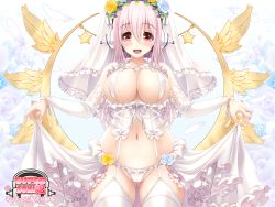 Rule 34 | 1girl, :d, blush, breasts, cameltoe, cleavage, covered erect nipples, elbow gloves, garter straps, gloves, gluteal fold, headphones, highres, jewelry, large breasts, long hair, navel, nitroplus, open mouth, panties, pink hair, red eyes, revealing clothes, ring, smile, solo, super sonico, teeth, thighhighs, underwear, v-mag, white gloves, white panties, white thighhighs