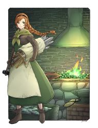 Rule 34 | 1girl, 90n pacos, absurdres, annette (pixiv fantasia last saga), artist name, black hairband, boots, braid, brown footwear, brown hair, coal, dress, fire, green dress, green eyes, hairband, hammer, highres, holding, holding weapon, indoors, long hair, long sleeves, pixiv fantasia, pixiv fantasia last saga, smile, solo, standing, sword, tongs, weapon, yellow neckwear