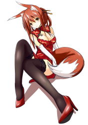 Rule 34 | 1girl, animal ears, black thighhighs, breasts, brown eyes, brown hair, chinese clothes, cleavage, fatkewell, fox ears, fox tail, high heels, lace, lace-trimmed legwear, lace trim, large breasts, legs, original, shoes, sketch, solo, tail, thighhighs