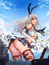 Rule 34 | 10s, 1girl, ass, bad id, bad pixiv id, battle, buttons, damaged, day, elbow gloves, gloves, highres, kantai collection, long hair, looking back, open mouth, shimakaze (kancolle), silver hair, skirt, sky, solo, striped clothes, striped thighhighs, thighhighs, thong, torn clothes, wading, water, wince, xiaoshou xiansheng