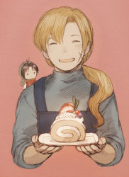 Rule 34 | 2boys, ^ ^, apron, bandana, black hair, blonde hair, cake, closed eyes, commentary request, cropped torso, facing viewer, food, fruit, gensou suikoden, gensou suikoden i, gremio (suikoden), hair over shoulder, hatching (texture), holding, holding plate, long hair, long sleeves, maeka (kumaekake), male focus, multiple boys, open mouth, pink background, plate, ponytail, scar, short hair, simple background, sleeves pushed up, smile, strawberry, swiss roll, tir mcdohl, turtleneck, upper body, whipped cream