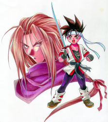 Rule 34 | 1990s (style), 2boys, bad id, bad pixiv id, brothers, brown eyes, brown hair, eiji shinjo, frown, full body, gloves, hairband, happy, long hair, male focus, multiple boys, open mouth, pants, red eyes, retro artstyle, ribbon, scarf, sho shinjo, shoes, shuri yasuyuki, siblings, sidelocks, simple background, socks, spiked hair, sword, toushinden, weapon, white background