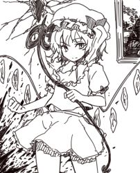 Rule 34 | 1girl, ascot, blood, blood splatter, bow, brown theme, clenched hand, closed mouth, cowboy shot, flandre scarlet, greyscale, hat, hat bow, holding, laevatein, looking at viewer, miyo (ranthath), mob cap, monochrome, short sleeves, skirt, skirt set, solo, touhou