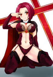 Rule 34 | 10s, 1girl, bad id, bad pixiv id, boots, breasts, brown eyes, cape, cleavage, clothing cutout, fang, full body, kanemoto hiroko, large breasts, looking at viewer, navel, navel cutout, panties, parted bangs, precure, red footwear, red hair, red panties, short hair, smile, smile precure!, solo, squatting, thigh boots, thigh strap, thighhighs, underwear, yamasan (hachiman)
