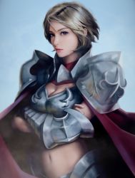 Rule 34 | 1girl, armor, blonde hair, breasts, capelet, cleavage, highres, knight, original, pauldrons, photorealistic, realistic, short hair, shoulder armor, solo