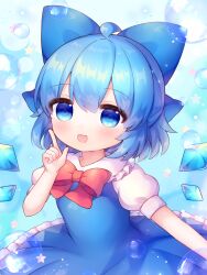 Rule 34 | 1girl, ahoge, blue bow, blue dress, blue eyes, blue hair, blush, bow, cirno, coa (chroo x), collared shirt, commentary request, detached wings, dress, fairy, frilled dress, frills, hair bow, highres, ice, ice wings, open mouth, puffy short sleeves, puffy sleeves, shirt, short hair, short sleeves, smile, solo, touhou, white shirt, wings