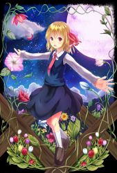 Rule 34 | 1girl, :o, bad id, bad pixiv id, blonde hair, cloud, embodiment of scarlet devil, fang, female focus, flower, hair ribbon, highres, moon, muneyuki, necktie, night, night sky, open mouth, outstretched arms, red eyes, ribbon, rumia, sky, solo, spread arms, star (sky), starry sky, touhou, tulip