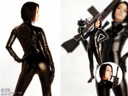 Rule 34 | asian, black hair, brown eyes, female focus, gloves, gun, latex, latex suit, leather, photo (medium), rifle, shiny clothes, skin tight, tanaka rie, voice actor, weapon