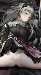 Rule 34 | 1girl, absurdres, arknights, bag, bar censor, black gloves, black jacket, black skirt, blush, breasts, censored, chain, closed mouth, crotch seam, earrings, gloves, grey eyes, head wings, highres, irene (arknights), jacket, jewelry, lifted by self, long hair, long sleeves, looking at viewer, lying, medium breasts, miniskirt, multicolored clothes, multicolored skirt, no panties, no pants, nopetroto, on back, pantyhose, planted, planted sword, planted weapon, purple skirt, pussy, scar, scar across eye, scar on face, see-through, shoulder bag, silver hair, skirt, smile, solo, split, spread legs, sword, very long hair, weapon, white pantyhose, white skirt, wings