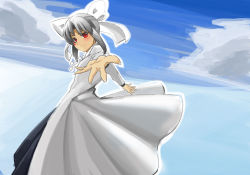 Rule 34 | 00s, 1girl, blush, bow, dress, flat chest, hair bow, half updo, looking at viewer, melty blood, outstretched hand, pointy ears, red eyes, renon (freedomx10a), short hair, silver hair, solo, tsukihime, white len (tsukihime)