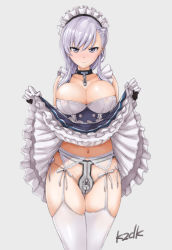 Rule 34 | 1girl, apron, areola slip, azur lane, bare shoulders, belfast (azur lane), blue dress, blue eyes, blush, braid, breasts, broken, broken chain, chain, chastity belt, cleavage, closed mouth, clothes lift, collar, collarbone, dress, dress lift, elbow gloves, french braid, frilled apron, frills, garter belt, garter straps, gloves, grey background, highres, kazuo daisuke, large breasts, lifted by self, lock, long hair, looking at viewer, maid, maid headdress, navel, padlock, silver hair, simple background, smile, solo, swept bangs, thick thighs, thighhighs, thighs, white apron, white gloves, white thighhighs