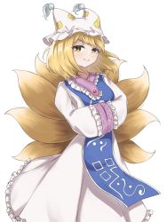 Rule 34 | 1girl, animal hat, blonde hair, closed mouth, dress, fox tail, hands in opposite sleeves, hat, highres, kitsune, long sleeves, looking at viewer, mob cap, multiple tails, short hair, simple background, smile, solo, tabard, tail, touhou, white background, white dress, white hat, yakumo ran, yellow eyes, yozakura223