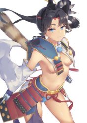 Rule 34 | 1girl, armor, asymmetrical sleeves, black hair, blue eyes, blue panties, breasts, circlet, detached sleeves, fate/grand order, fate (series), feather hair ornament, hair bun, hair ornament, hat, holding, holding sword, holding weapon, japanese armor, kusazuri, long hair, mismatched sleeves, panties, parted bangs, pinta (ayashii bochi), pom pom (clothes), revealing clothes, scabbard, sheath, short eyebrows, simple background, single side bun, small breasts, smile, solo, sword, thighs, tokin hat, underboob, underwear, ushiwakamaru (fate), very long hair, weapon, white background