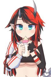 Rule 34 | 1girl, arm strap, baby bottle, bikini, black bikini, black hair, blue eyes, blush, bottle, breasts, closed mouth, commentary, compression sleeve, demon girl, demon horns, demon tail, ear piercing, holding, holding bottle, horns, jacket, jewelry, large breasts, long hair, looking at viewer, multicolored hair, nanashi inc., navel piercing, necklace, no eyewear, official alternate costume, piercing, pointy ears, red hair, ryugasaki rene, ryugasaki rene (2nd costume), shrug (clothing), simple background, smith.s, solo, striped clothes, striped jacket, sugar lyric, swimsuit, tail, transparent background, two-tone hair, underboob, upper body, virtual youtuber, white jacket