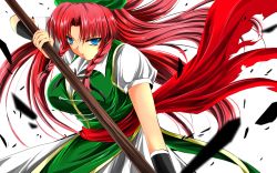 Rule 34 | 1girl, bad id, bad pixiv id, beret, blue eyes, bow, braid, breasts, china dress, chinese clothes, dress, hair bow, hat, highres, hong meiling, large breasts, long hair, nekominase, open mouth, polearm, red hair, solo, spear, touhou, twin braids, very long hair, wallpaper, weapon, wristband