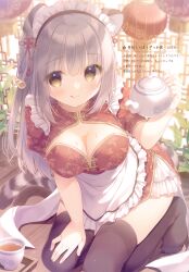 Rule 34 | 1girl, :q, absurdres, animal ears, apron, black socks, breasts, cat ears, cat girl, cat tail, china dress, chinese clothes, chinese knot, cup, dress, grey hair, hair between eyes, hair over shoulder, hand on own knee, highres, holding, holding teapot, lantern, large breasts, leaf, liquid, long hair, maid, maid headdress, no shoes, original, socks, sunlight, tail, teacup, teapot, thighhighs, tongue, tongue out, white apron, yellow eyes, yukie (peach candy)