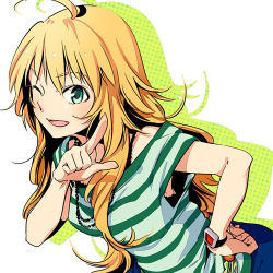 Rule 34 | 1girl, armpit peek, blonde hair, green eyes, hand on own hip, hoshii miki, idolmaster, idolmaster (classic), long hair, lowres, nakatani, one eye closed, open mouth, pointing, shadow, smile, solo, watch, wink, wristwatch