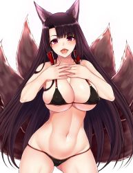 Rule 34 | 1girl, akagi (azur lane), animal ears, azur lane, bikini, black bikini, black hair, blush, breasts, cleavage, cocq taichou, commentary request, eyeliner, fox ears, fox tail, hair tubes, hands on own chest, hip focus, large breasts, long hair, looking at viewer, makeup, multiple tails, navel, open mouth, red eyes, sidelocks, simple background, smile, solo, swimsuit, tail, teeth, white background