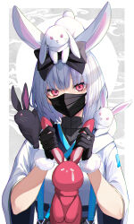 Rule 34 | 1girl, absurdres, animal, animal ears, animal on head, animal on shoulder, black gloves, black sweater, bow, chinese zodiac, fur trim, gloves, hair bow, highres, long hair, looking at viewer, mask, mouth mask, on head, original, pink eyes, rabbit, rabbit ears, ribbed sweater, shirt, solo, stuffed animal, stuffed rabbit, stuffed toy, sweater, takehana note, turtleneck, turtleneck sweater, upper body, white hair, white shirt, wide sleeves, year of the rabbit