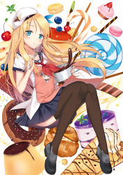 Rule 34 | 1girl, black pantyhose, blonde hair, blue eyes, blue skirt, blueberry, blush, butterfly hair ornament, candy, candy cane, cherry, chocolate, doughnut, douya (233), food, fruit, full body, hair ornament, hairclip, hat, long hair, looking at viewer, pantyhose, parted lips, saratoga (warship girls r), skirt, thighhighs, warship girls r, whisk, white hat