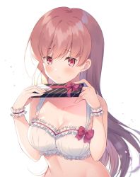 Rule 34 | 1girl, blush, box, bra, breasts, brown eyes, brown hair, cleavage, closed mouth, collarbone, gift, gift box, hair between eyes, holding, holding gift, kantai collection, komi zumiko, long hair, medium breasts, ooi (kancolle), simple background, solo, underwear, upper body, white background, white bra