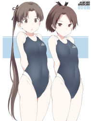 Rule 34 | 2girls, anchor symbol, ayanami (kancolle), bare arms, bare legs, bare shoulders, black one-piece swimsuit, brown eyes, brown hair, character name, clothes writing, collarbone, competition swimsuit, green eyes, groin, kantai collection, long hair, multiple girls, one-piece swimsuit, open mouth, ponytail, shigino sohuzi, shikinami (kancolle), short hair, side ponytail, swimsuit