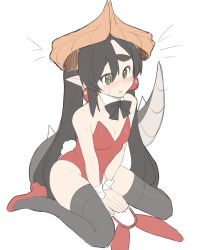 Rule 34 | 1girl, absurdres, animal ears, black hair, black thighhighs, bow, bowtie, breasts, detached collar, dragon girl, dragon horns, earrings, fake animal ears, flat color, full body, green eyes, high heels, highres, horns, jewelry, kumaartsu, leotard, long hair, mythic live, nako ryu, nontraditional playboy bunny, playboy bunny, pointy ears, pumps, rabbit tail, red footwear, sitting, small breasts, solo, spiked tail, tail, thick eyebrows, thighhighs, twintails, v arms, virtual youtuber, wariza, wrist cuffs