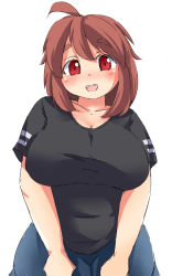 Rule 34 | 1girl, :d, ahoge, bad id, bad pixiv id, black shirt, blush, breasts, brown hair, cleavage, collarbone, eno konoe, eyebrows, head tilt, huge breasts, looking at viewer, mikomu, open mouth, original, plump, red eyes, shirt, short hair, short sleeves, simple background, smile, solo, t-shirt, thick eyebrows, v arms, white background