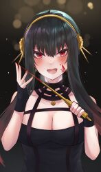 Rule 34 | 1girl, :d, absurdres, black background, black gloves, black hair, blood, blood on face, bloody weapon, breasts, cleavage, commentary, fingerless gloves, gloves, gold hairband, hairband, highres, holding, long hair, looking at viewer, medium breasts, open mouth, red eyes, smile, solo, spy x family, upper body, weapon, yor briar, yuzi (32745637280)