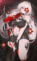 Rule 34 | 1girl, absurdres, acheron (honkai: star rail), bare shoulders, black choker, black gloves, black shorts, body markings, breasts, chain, choker, colored extremities, colored skin, commentary, cowboy shot, criss-cross halter, crop top, flower, gloves, grey hair, halterneck, highres, honkai: star rail, honkai (series), large breasts, leg tattoo, long hair, looking at viewer, midriff, multicolored skin, navel, nvl, official alternate color, official alternate eye color, official alternate hair color, parted lips, petals, red eyes, red flower, short shorts, shorts, single glove, solo, stomach, tattoo, thighs, two-tone skin, very long hair
