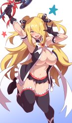Rule 34 | 1girl, :d, arm garter, armpits, black footwear, black gloves, black skirt, black thighhighs, blonde hair, breasts, commentary request, creatures (company), cynthia (pokemon), fang, frilled skirt, frills, game freak, gloves, hair over one eye, highres, holding, holding wand, konno tohiro, large breasts, long hair, looking at viewer, m/, magical girl, miniskirt, navel, nintendo, open mouth, poke ball, pokemon, pokemon dppt, simple background, skin fang, skirt, smile, solo, standing, standing on one leg, star (symbol), sweatdrop, thighhighs, two side up, wand, white background