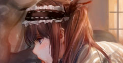Rule 34 | 1girl, alber, bad id, bad pixiv id, blue eyes, brown hair, character request, eyelashes, hairband, implied fellatio, indoors, lips, long hair, profile, saliva, solo focus, sweat, tongue, tongue out, twintails