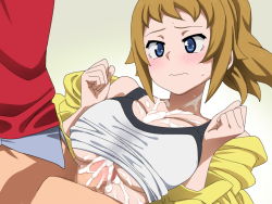 Rule 34 | 1girl, after paizuri, bare shoulders, blonde hair, blue eyes, blush, bottomless, breasts, breasts squeezed together, censored, cleavage, closed mouth, cum, cum on body, cum on breasts, cum on upper body, gundam, gundam build fighters, gundam build fighters try, hoshino fumina, jacket, large breasts, looking down, lying, mosaic censoring, on back, open clothes, open jacket, paizuri, paizuri under clothes, penis, ponytail, silver meteor, simple background, sitting, sitting on person, solo focus, sports bra, straddling, straddling paizuri, sweatdrop, wavy mouth, yellow jacket