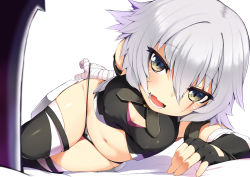 Rule 34 | 1girl, bandaged arm, bandages, bare shoulders, black gloves, black panties, black shirt, black thighhighs, blush, breasts, cleavage cutout, clothing cutout, facial scar, fate/apocrypha, fate/grand order, fate (series), fingerless gloves, gloves, green eyes, grey hair, hair between eyes, jack the ripper (fate/apocrypha), long hair, navel, nejime, open mouth, panties, scar, scar across eye, scar on cheek, scar on face, shirt, simple background, small breasts, solo, thighhighs, underwear, white background