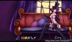 Rule 34 | 1girl, absurdres, blush, breasts, cheng, cleavage, couch, curtains, facial mark, hat, highres, league of legends, leblanc (league of legends), prestigious leblanc, purple eyes, purple hair, short hair, smile, staff, thighhighs, top hat, window