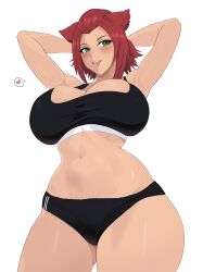 1girl absurdres arms_behind_head bleach blush breasts female_focus gen.fleur green_eyes haineko hair_ears highres large_breasts looking_to_the_side medium_hair navel parted_bangs red_hair shiny_skin simple_background sports_bra thick_thighs thighs white_background zanpakutou_(spirit)