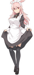 Rule 34 | 1girl, alternate costume, apron, black dress, black footwear, black thighhighs, clothes lift, dress, dress lift, enmaided, fate/grand order, fate (series), frilled apron, frills, garter straps, hair between eyes, head wings, hildr (fate), hildr (valkyrie style) (fate), lifted by self, loafers, long hair, long sleeves, maid, maid apron, maid headdress, pink hair, puffy long sleeves, puffy sleeves, red eyes, shiseki hirame, shoes, simple background, solo, split mouth, standing, thighhighs, valkyrie (fate), white apron, white background, wings