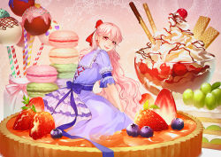 Rule 34 | 1girl, back bow, blueberry, bow, cake, candy, cherry, dessert, dress, earrings, food, frills, from side, fruit, fruit tart, grapes, hair bow, half updo, heart, in food, jewelry, jeya (leej3ya), long hair, looking at viewer, macaron, original, oversized food, oversized object, pink hair, pocky, purple bow, purple dress, purple ribbon, red bow, red eyes, ribbon, short sleeves, sitting, smile, solo, strawberry, sweets, tart (food), very long hair, wafer stick, wavy hair, whipped cream