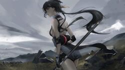 Rule 34 | 1girl, absurdres, backless outfit, bare shoulders, black hair, breasts, cloud, commentary, elbow pads, english commentary, female rover (wuthering waves), from behind, gloves, grass, highres, holding, holding weapon, low ponytail, overcast, partially fingerless gloves, pelvic curtain, rock, rover (wuthering waves), scenery, short shorts, shorts, sideboob, sky, solo, strap, tacet mark (wuthering waves), vinoillust, weapon, wuthering waves, yellow eyes