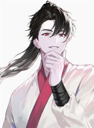 Rule 34 | 1boy, black hair, chungmyung, hair between eyes, hand up, highres, long sleeves, male focus, mond sl, ponytail, red eyes, return of the mount hua sect, simple background, smile, solo, white background