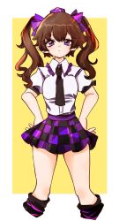 Rule 34 | 1girl, :|, black necktie, black socks, border, breasts, brown hair, buttons, checkered clothes, checkered skirt, closed mouth, collared shirt, commentary request, cropped legs, expressionless, frilled shirt collar, frills, gaogaowaan, hair ribbon, hands on own hips, hat, highres, himekaidou hatate, kneehighs, long hair, looking at viewer, medium breasts, miniskirt, necktie, puffy short sleeves, puffy sleeves, purple eyes, purple ribbon, purple skirt, ribbon, shirt, short sleeves, simple background, skirt, socks, solo, standing, thighs, tokin hat, touhou, two side up, upper body, white shirt, yellow background