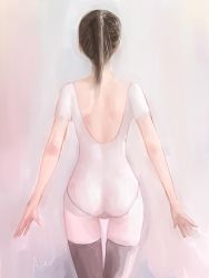 Rule 34 | 1girl, ass, back, bad id, bad pixiv id, black thighhighs, brown hair, erica (mmelica), facing away, from behind, highres, leotard, mmelica, nape, original, pink background, ponytail, realistic, short hair, short sleeves, shoulder blades, signature, sketch, solo, thigh gap, thighhighs