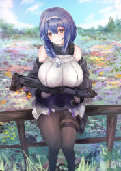 Rule 34 | 1girl, absurdres, black jacket, black pantyhose, blue hair, blush, braid, breasts, bullpup, clothes pull, double-barreled shotgun, dp-12 (girls&#039; frontline), girls&#039; frontline, grey eyes, gun, hairband, highres, holding, holding weapon, holster, jacket, jacket pull, large breasts, looking at viewer, martinreaction, medium hair, multiple-barrel firearm, open mouth, pantyhose, pump-action shotgun, pump action, radio, shotgun, side-by-side-barreled shotgun, sitting, smile, solo, standard manufacturing dp-12, vertical forward grip, weapon