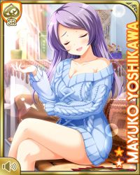 Rule 34 | 1girl, barefoot, blue sweater, bottomless, card, character name, couch, day, closed eyes, girlfriend (kari), grey hair, indoors, living room, long hair, open mouth, qp:flapper, smile, solo, sweater, tagme, yellow eyes, yoshikawa mayuko