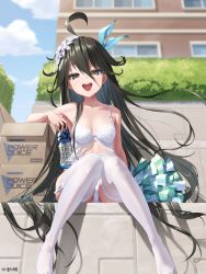 Rule 34 | 1girl, :d, absurdres, ahoge, armpits, bare arms, bare shoulders, black eyes, black hair, bottle, box, bra, breasts, cardboard box, collarbone, counter:side, day, flower, garter belt, hair between eyes, hair flower, hair ornament, hair ribbon, highres, holding, knees together feet apart, lingerie, long hair, looking at viewer, manda (luts7602), messy hair, no shoes, open mouth, outdoors, panties, pom pom (cheerleading), ribbon, sitting, sky layfield, small breasts, smile, solo, thighhighs, underwear, underwear only, very long hair, water bottle, white bra, white panties, white thighhighs