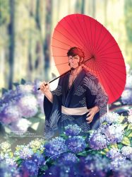 Rule 34 | 1boy, absurdres, alternate costume, alternate hairstyle, blue eyes, blue kimono, brown hair, facial hair, fate/grand order, fate (series), flower, flower request, forest, goatee, highres, holding, holding umbrella, hydrangea, japanese clothes, kimono, long sideburns, looking at viewer, male focus, mature male, napoleon bonaparte (fate), nature, open clothes, open kimono, pectoral cleavage, pectorals, print kimono, purple flower, short hair, sideburns, smile, solo, tree, umbrella, yaekaidou
